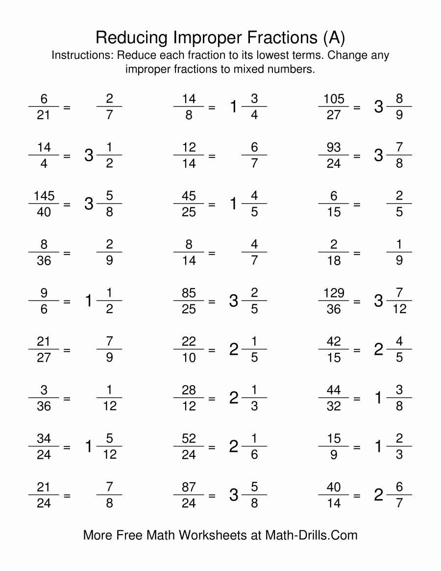Reducing Fractions Worksheet Pdf Inspirational Reducing Improper Fractions to Lowest Terms A