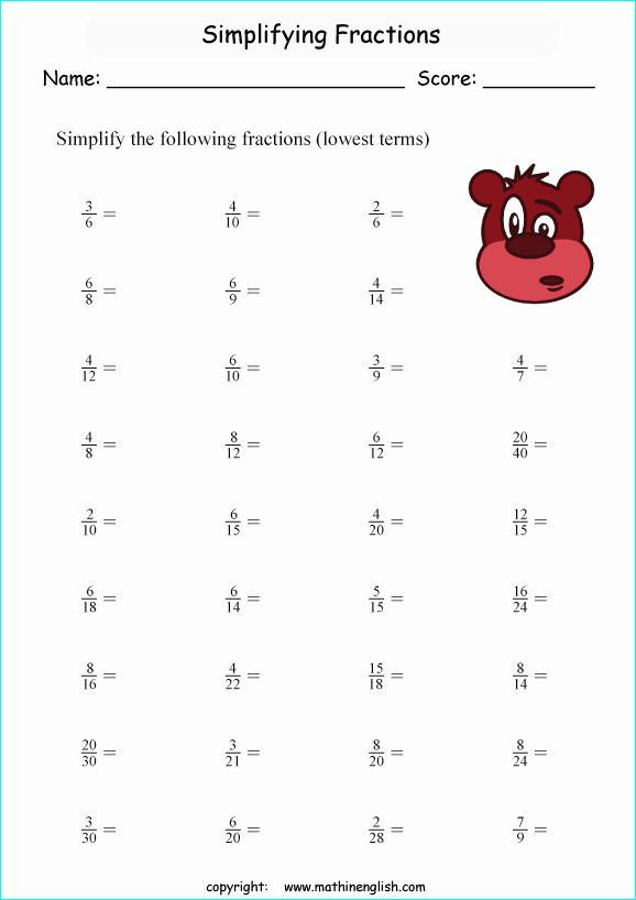 Reducing Fractions Worksheet Pdf Inspirational Simplify Basic Fractions to their Lowest Term Grade 3 Math