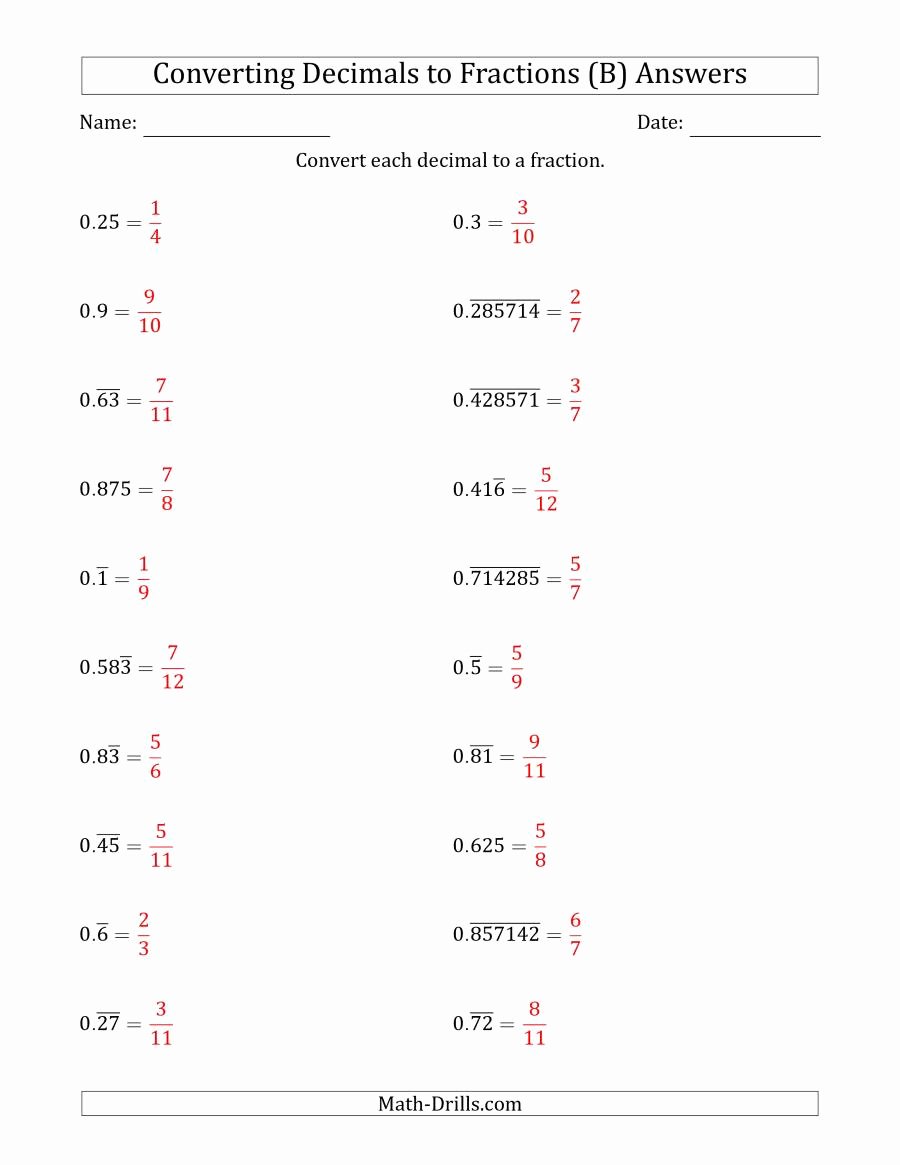 Repeating Decimal to Fraction Worksheet Awesome Converting Terminating and Repeating Decimals to Fractions B