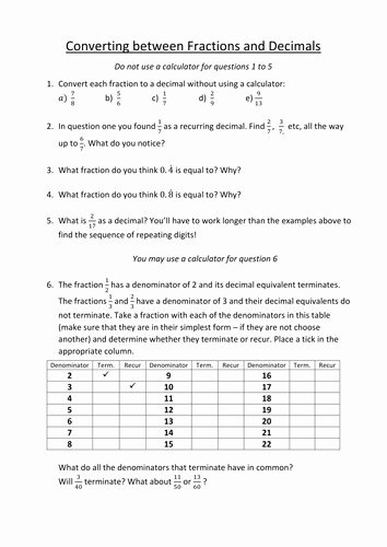 Repeating Decimal to Fraction Worksheet Best Of Converting Fractions to Recurring Decimals by tonycarter45