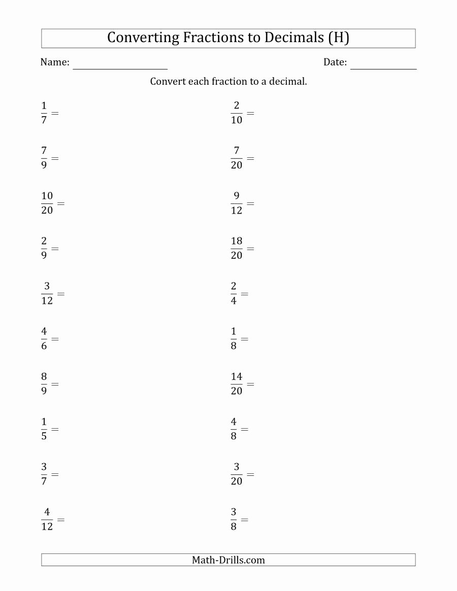 Repeating Decimal to Fraction Worksheet Elegant Converting Fractions to Terminating and Repeating Decimals H