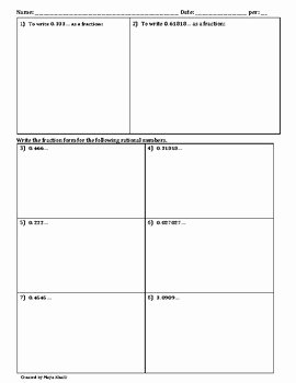 Repeating Decimal to Fraction Worksheet Elegant Converting Repeating Decimals to Fractions Worksheet by