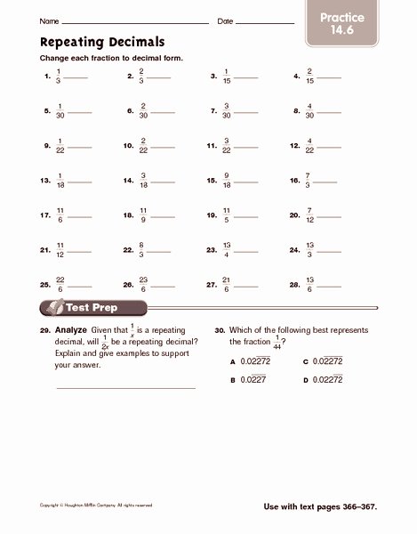 Repeating Decimal to Fraction Worksheet Fresh Repeating Decimals Practice Worksheet for 5th 6th Grade