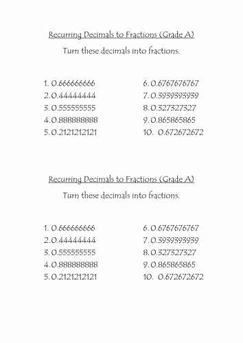 Repeating Decimal to Fraction Worksheet Luxury Converting Fractions to &amp; From Recurring Decimals by