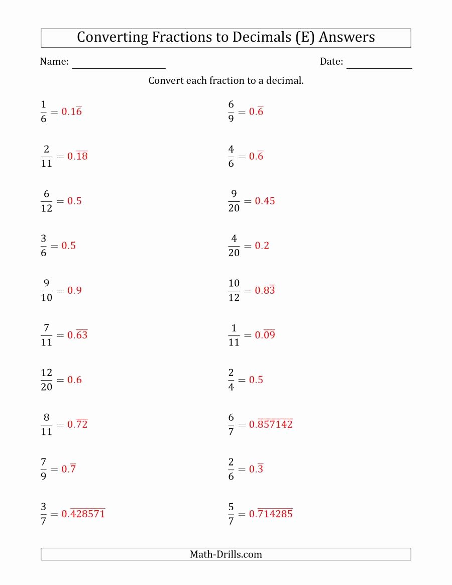 Repeating Decimal to Fraction Worksheet New Converting Fractions to Terminating and Repeating Decimals E