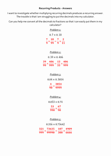 Repeating Decimal to Fraction Worksheet New Recurring Products Recurring Decimals to Fractions by