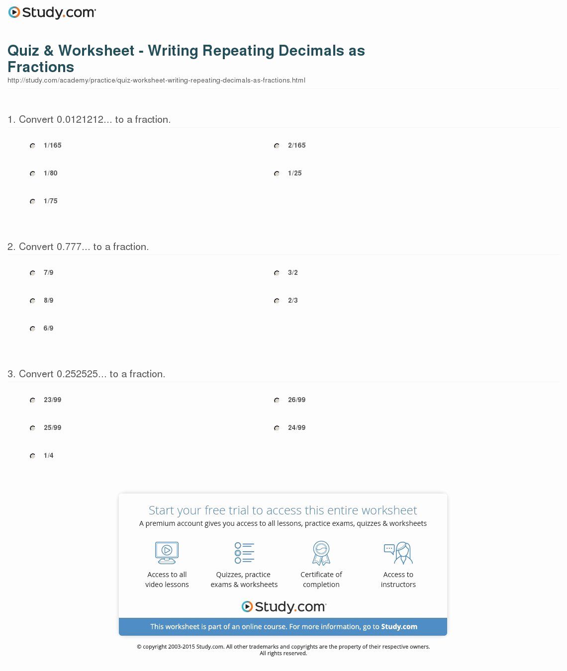 Repeating Decimal to Fraction Worksheet Unique Quiz &amp; Worksheet Writing Repeating Decimals as Fractions