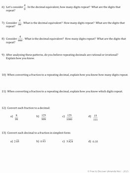 Repeating Decimal to Fraction Worksheet Unique Repeating Decimals Discovery Worksheet by Free to Discover
