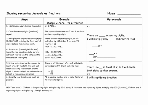 Repeating Decimals to Fractions Worksheet Best Of Recurring Decimals as Fractions Scaffold Sheet by