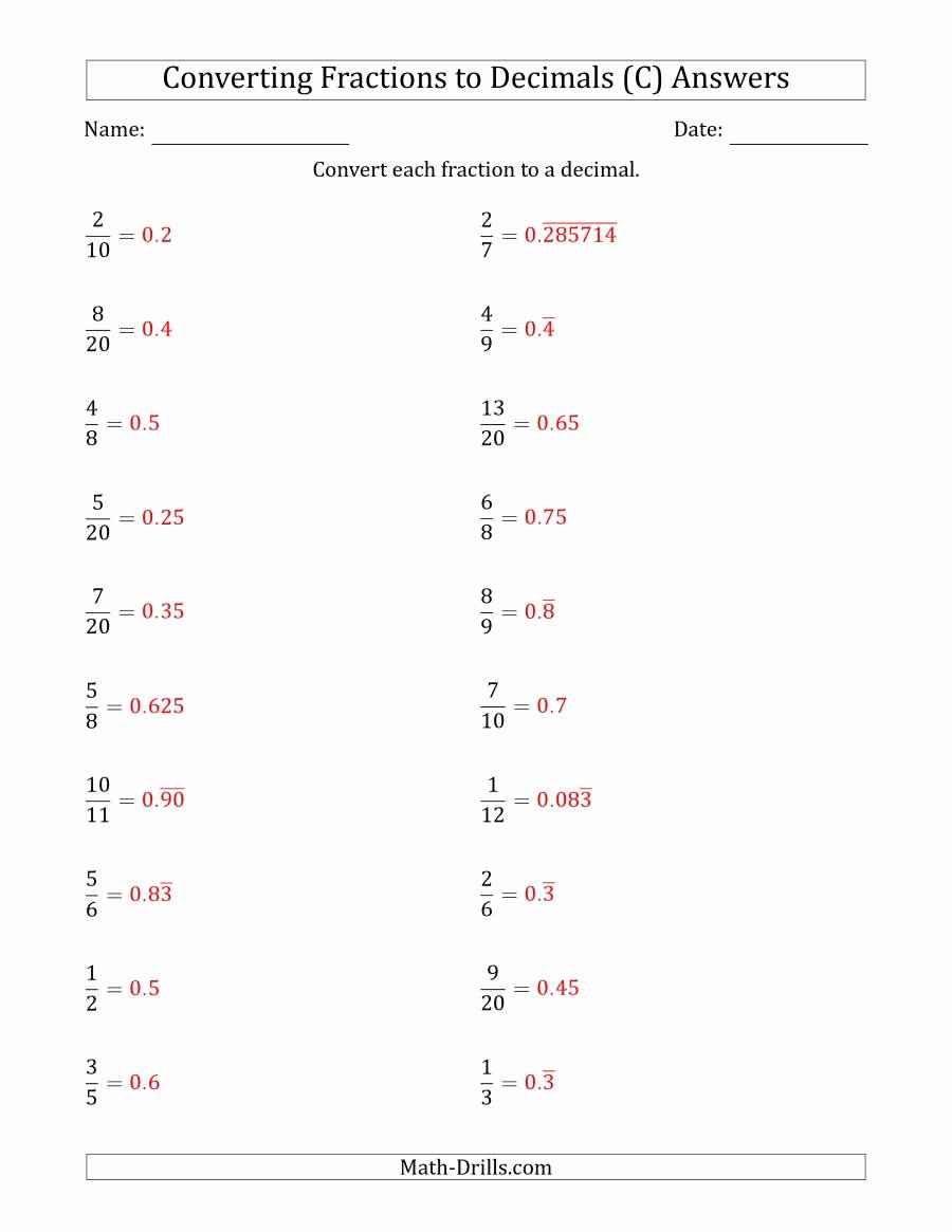 Repeating Decimals to Fractions Worksheet Elegant Converting Fractions to Terminating and Repeating Decimals C