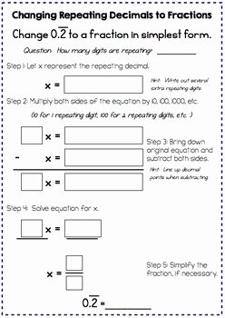 Changing Repeating Decimals into Fractions Notes and Worksheet