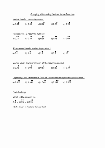 Repeating Decimals to Fractions Worksheet Inspirational Recurring Decimals to Fractions Worksheet by Samfletch18
