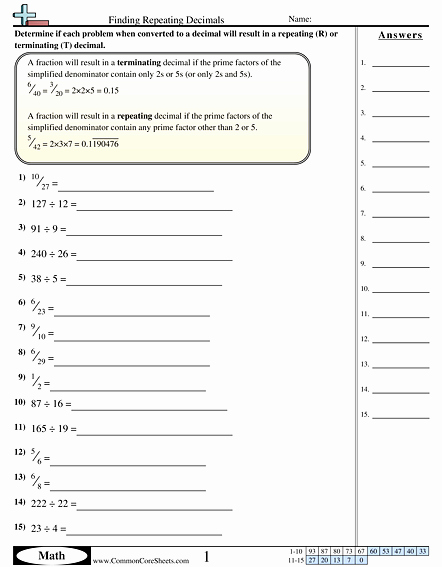 Repeating Decimals to Fractions Worksheet Inspirational Repeating Decimal to Fraction Worksheet
