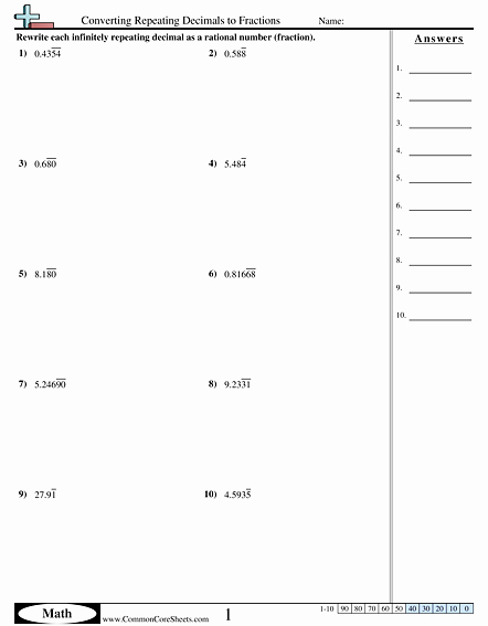 Repeating Decimals to Fractions Worksheet New Converting Repeating Decimals to Fractions Worksheet