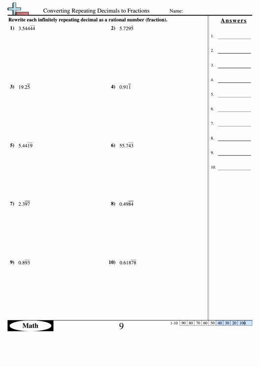 Repeating Decimals to Fractions Worksheet New Converting Repeating Decimals to Fractions Worksheet with