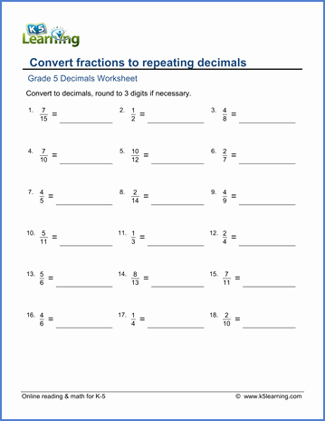 Repeating Decimals to Fractions Worksheet Unique Grade 5 Worksheets Fractions to Decimals with Repeating