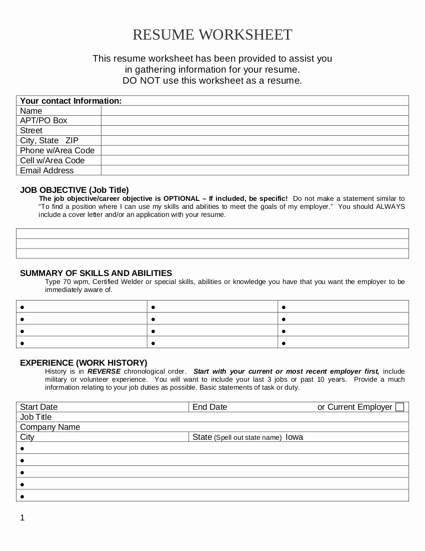 Resume Worksheet for Adults Best Of 10 Resume Worksheet Examples In Pdf