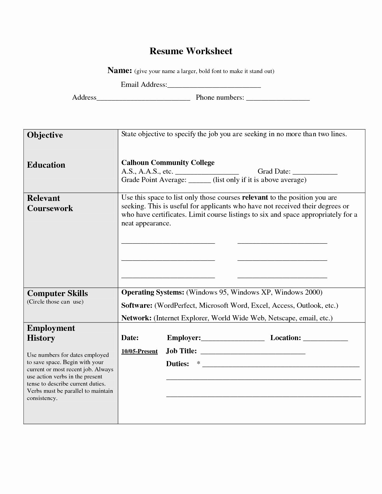 Resume Worksheet for Adults Best Of 17 Best Of Creating A Resume Worksheet Fill In