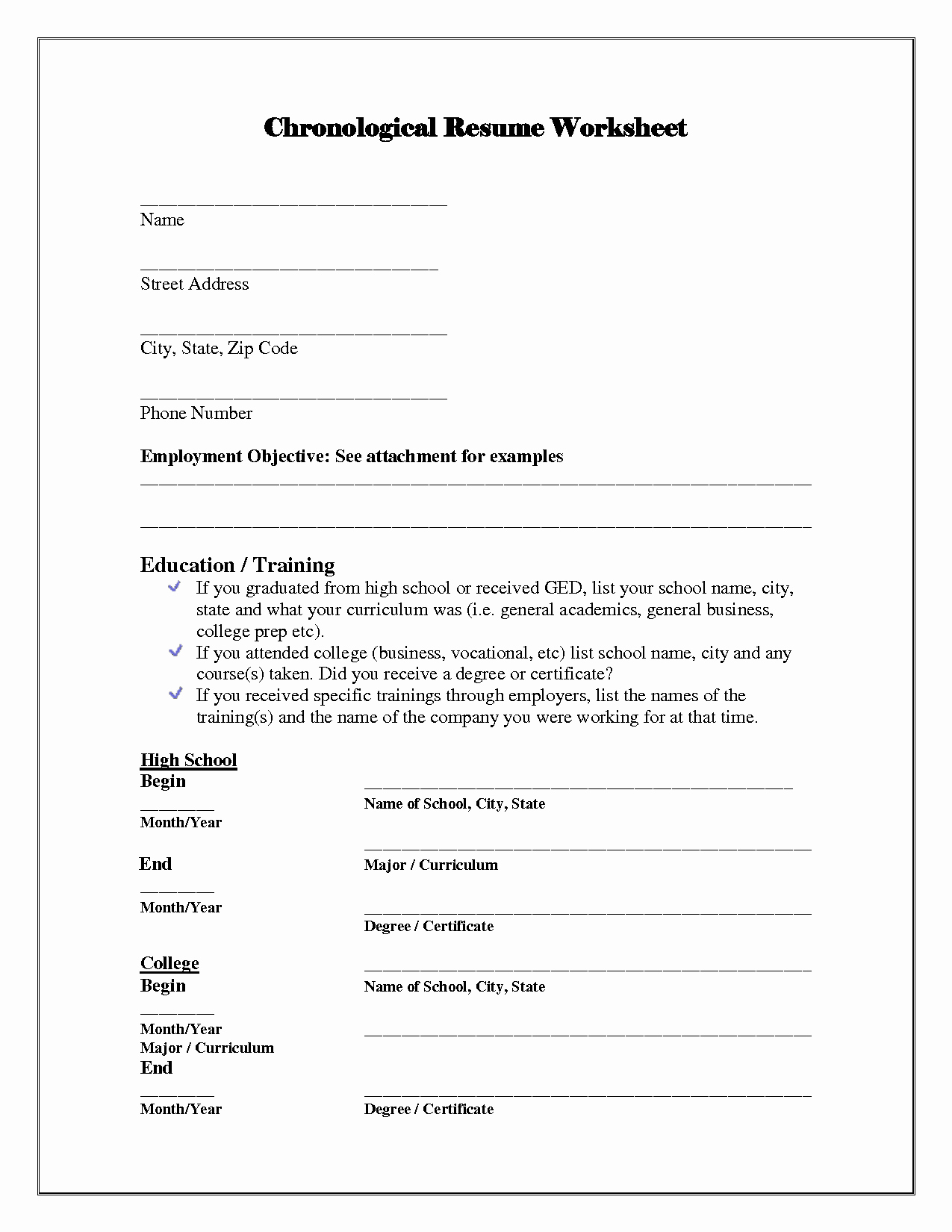 Resume Worksheet for Adults Elegant 13 Best Of Simple Resume Worksheet College Brag
