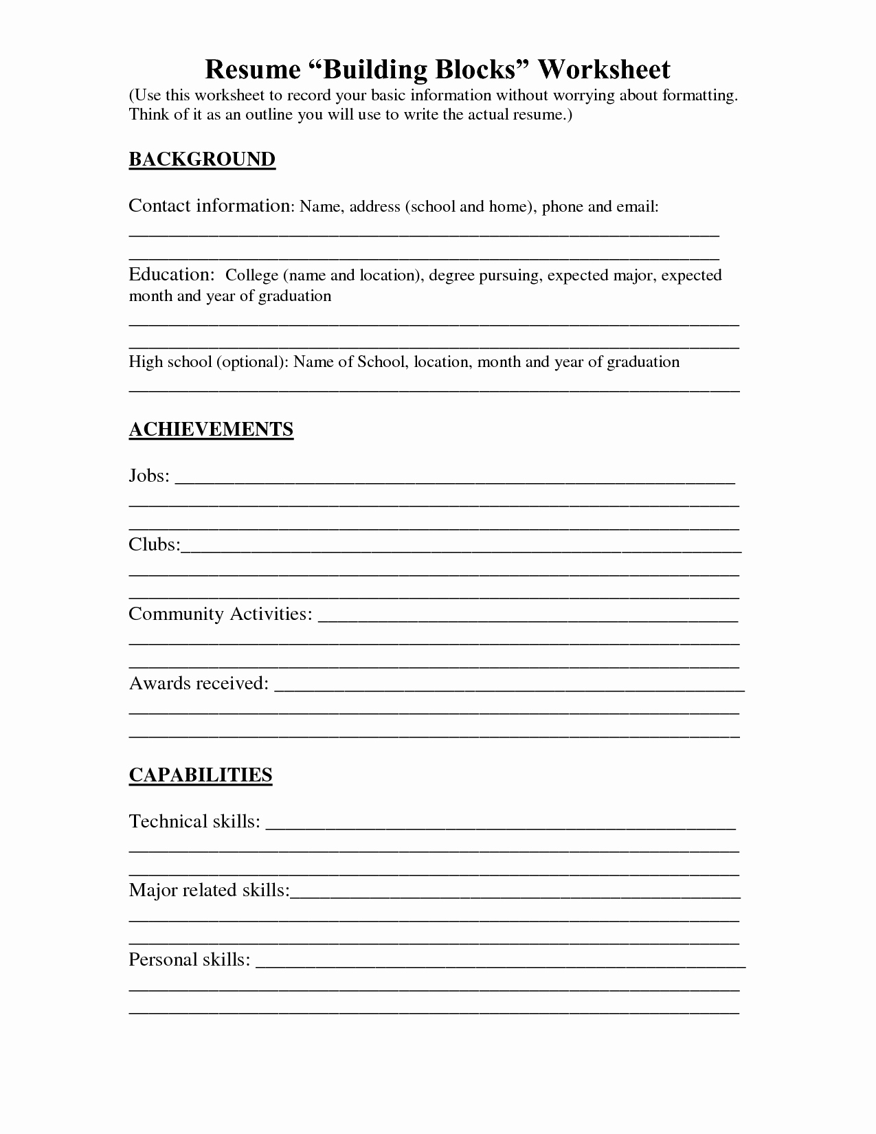 Resume Worksheet for Adults New 17 Best Of Creating A Resume Worksheet Fill In