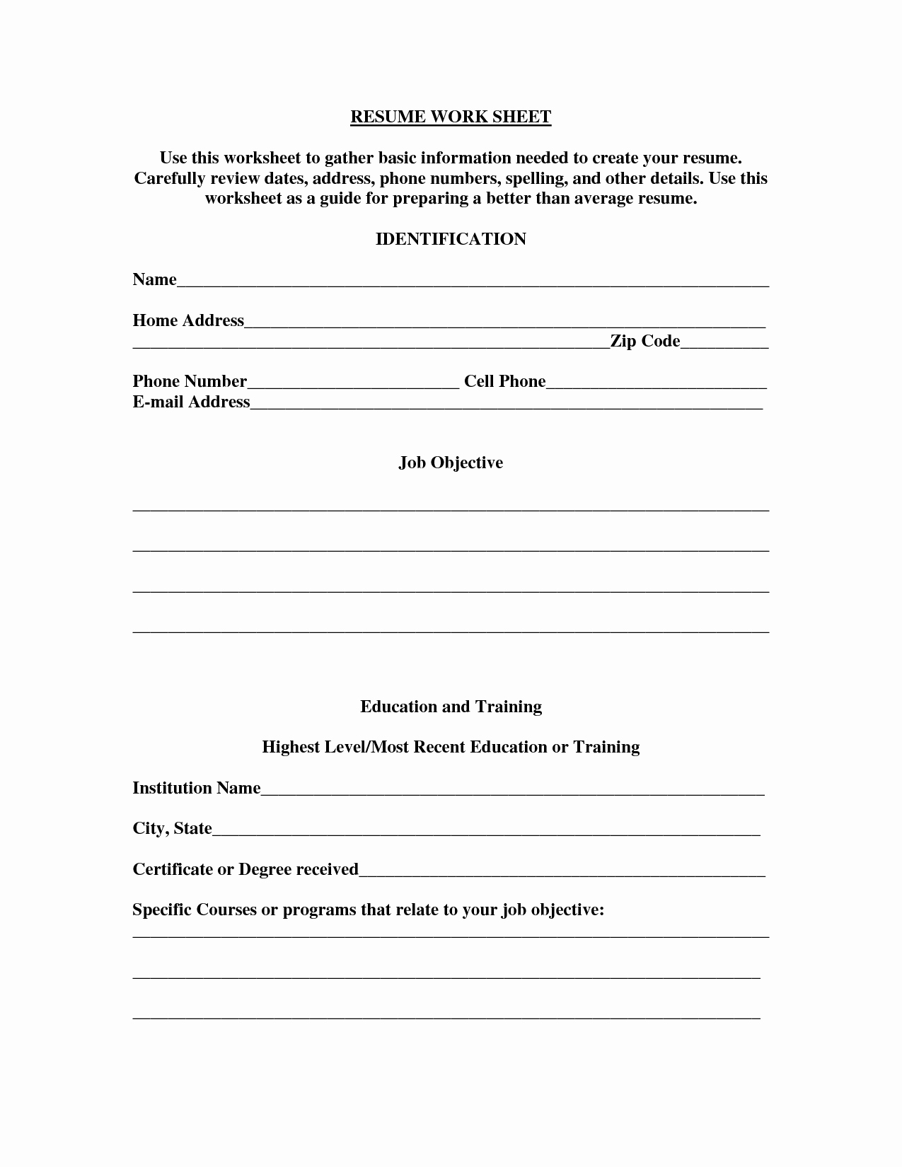 Resume Worksheet for Adults New 17 Best Of Creating A Resume Worksheet Fill In