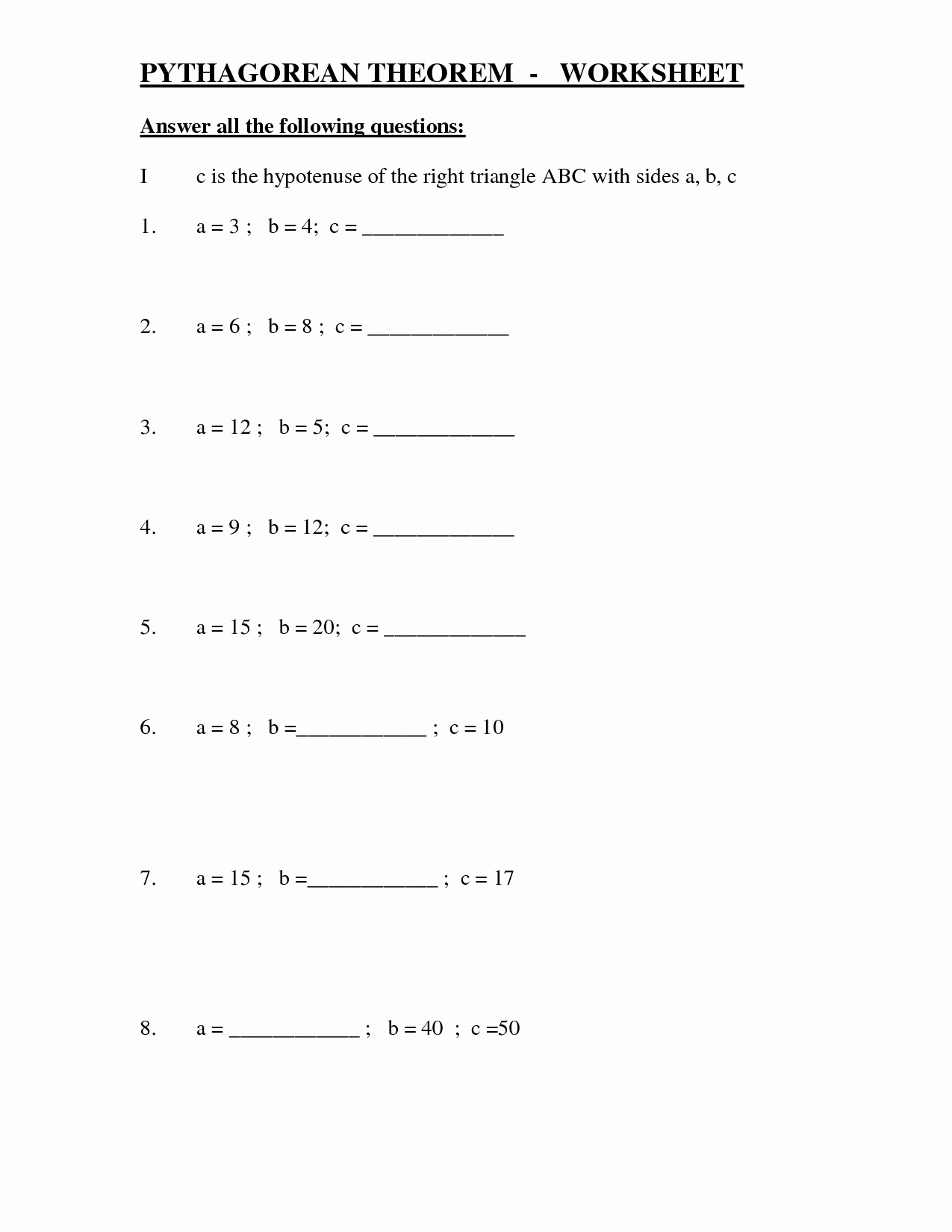 Right Triangle Word Problems Worksheet Unique Pythagorean theorem Worksheets