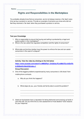 Rights and Responsibilities Worksheet Fresh Year 8 Business by Sarafergs Uk Teaching Resources Tes