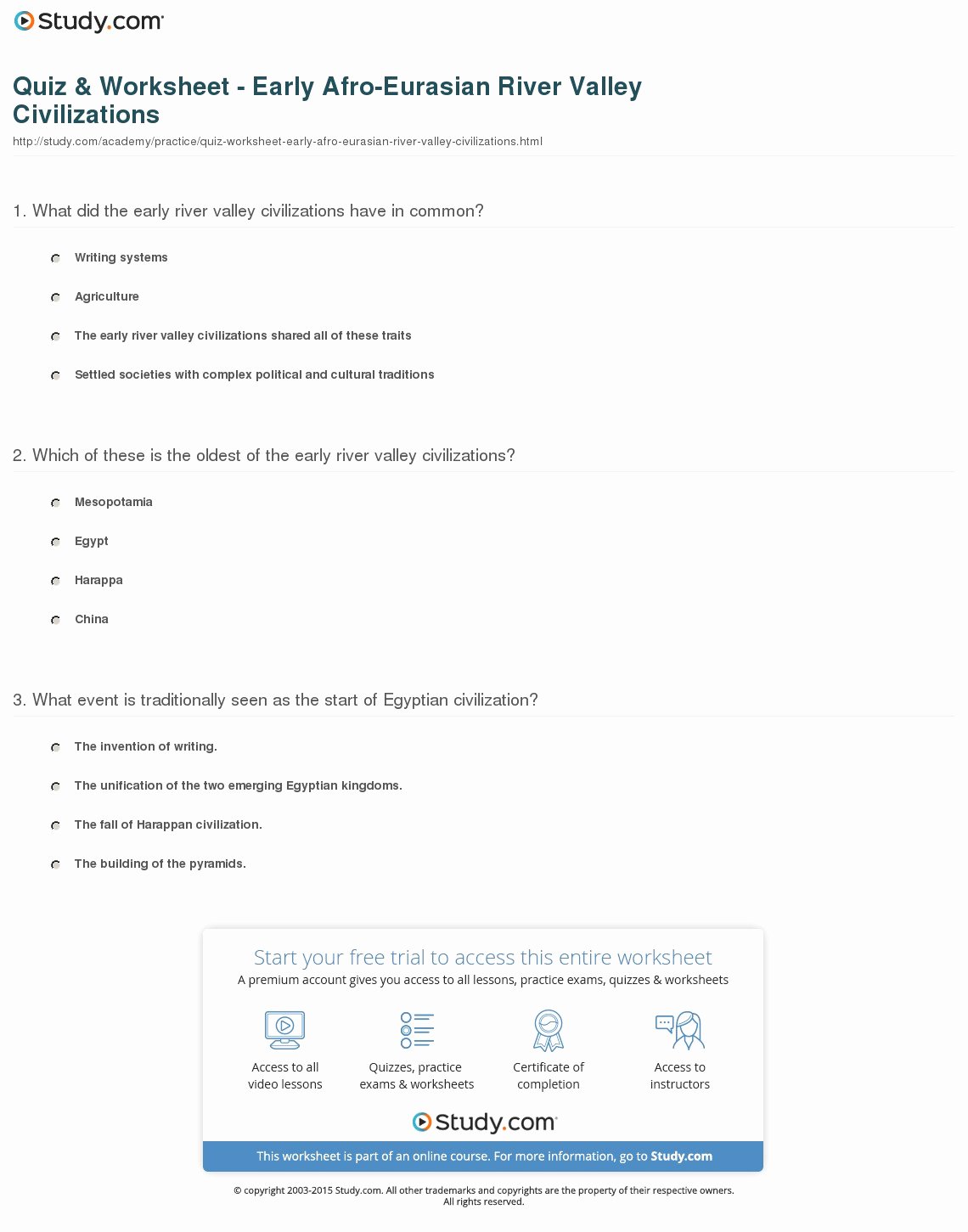 River Valley Civilizations Worksheet Luxury Quiz &amp; Worksheet Early Afro Eurasian River Valley