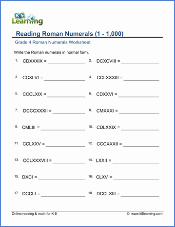 Roman Numerals Worksheet Pdf Unique Grade 4 Math Worksheets Reading Roman Numerals 1 1 000