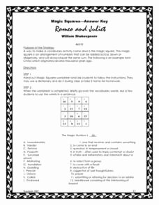 Romeo and Juliet Worksheet Awesome Magic Squares Romeo and Juliet 7th 12th Grade Worksheet