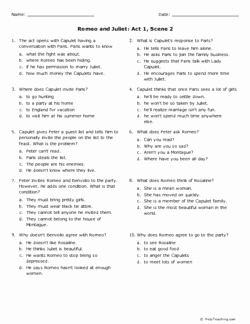 Romeo and Juliet Worksheet Awesome Romeo and Juliet Act 1 Scene 2 Grade 9 Free