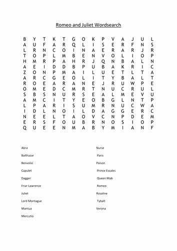 Romeo and Juliet Worksheet Awesome Romeo and Juliet Wordsearch Worksheet Activity by