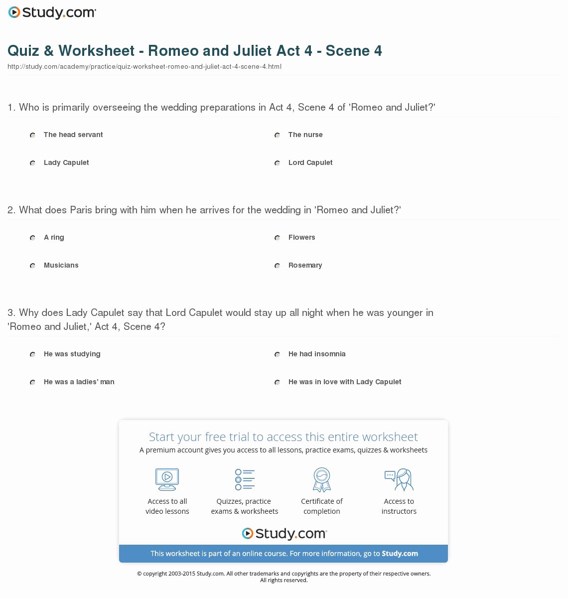 Romeo and Juliet Worksheet Elegant Quiz &amp; Worksheet Romeo and Juliet Act 4 Scene 4