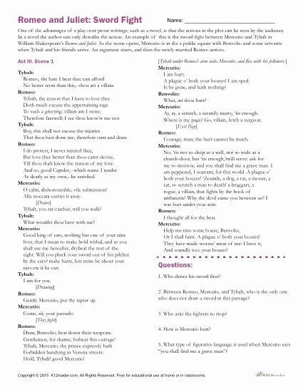 Romeo and Juliet Worksheet Lovely Romeo and Juliet Sword Fight