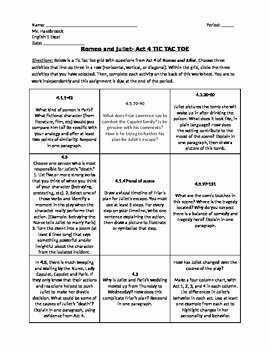 Romeo and Juliet Worksheet Unique Romeo and Juliet Act 4 Tic Tac toe Worksheet by Classroom