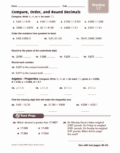 Rounding Decimals Worksheet 5th Grade Beautiful Pare order and Round Decimals Practice Worksheet for