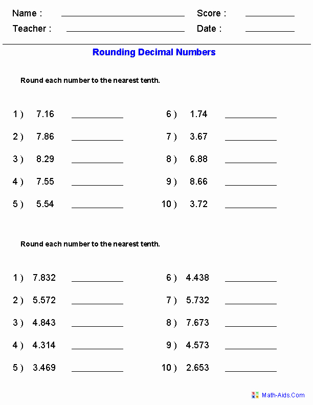 5th Grade Math Worksheets Rounding Decimals