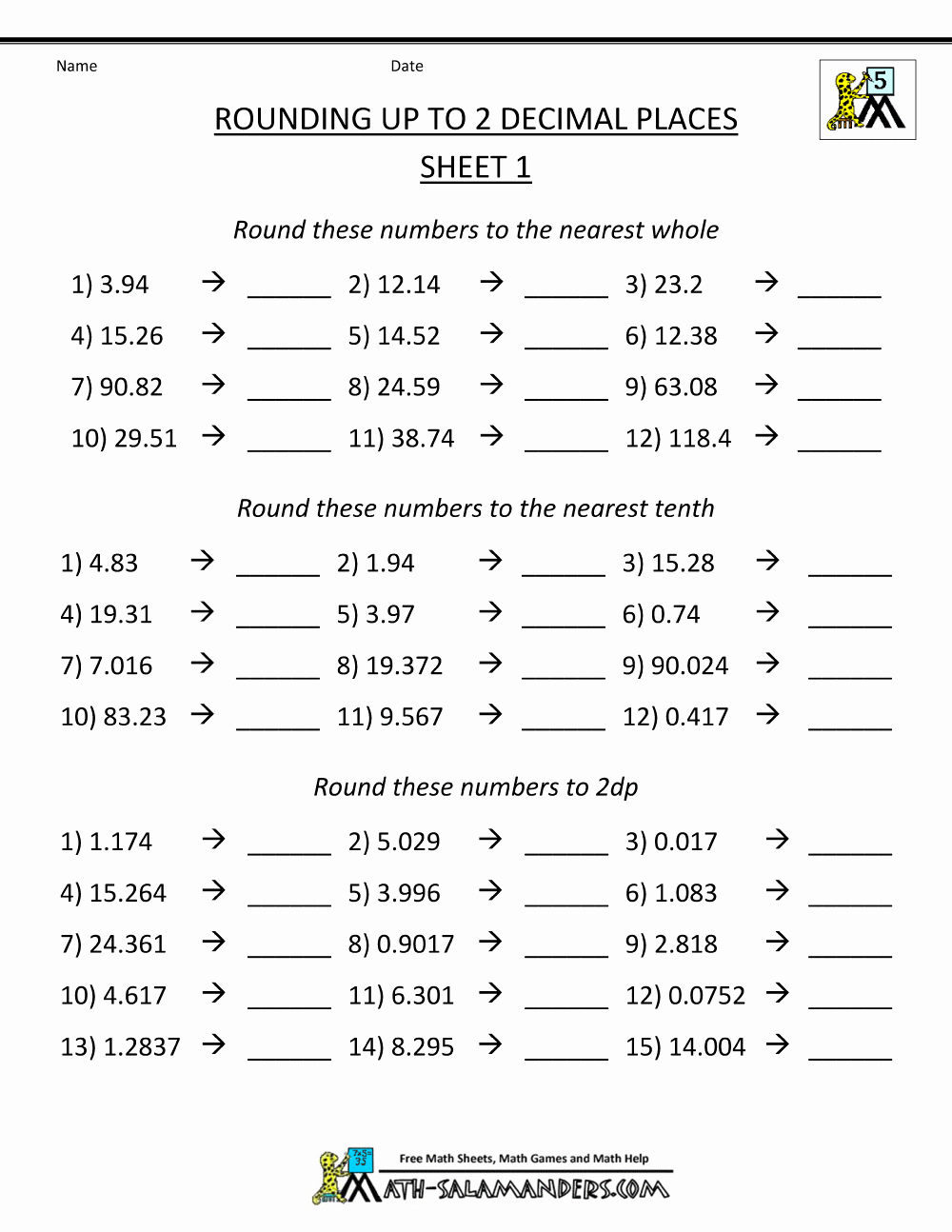 Rounding Decimals Worksheet 5th Grade Elegant Rounding Decimal Places Numbers to 2dp Estimating Sums