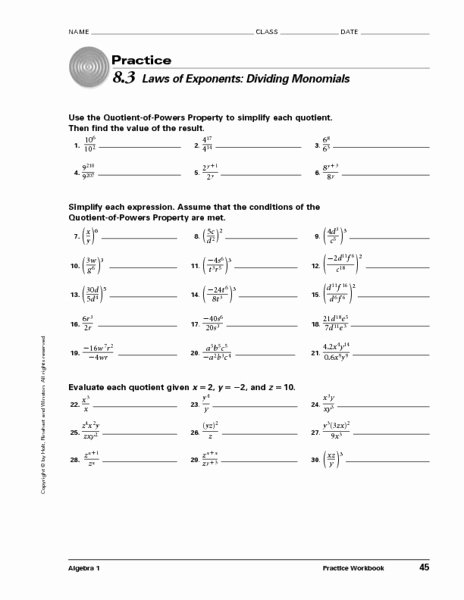 Rules Of Exponents Worksheet Pdf New 8 3 Laws Of Exponents Dividing Monomials Worksheet for