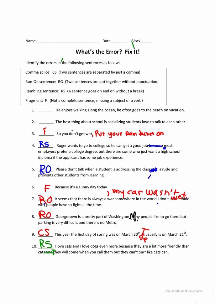 Run On Sentence Worksheet Best Of Run On Sentences Ma Splices Rambling Sentences and