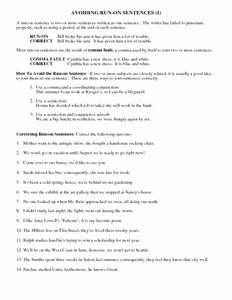 Run On Sentence Worksheet Fresh Avoiding Run Sentences I Worksheet for 7th 9th
