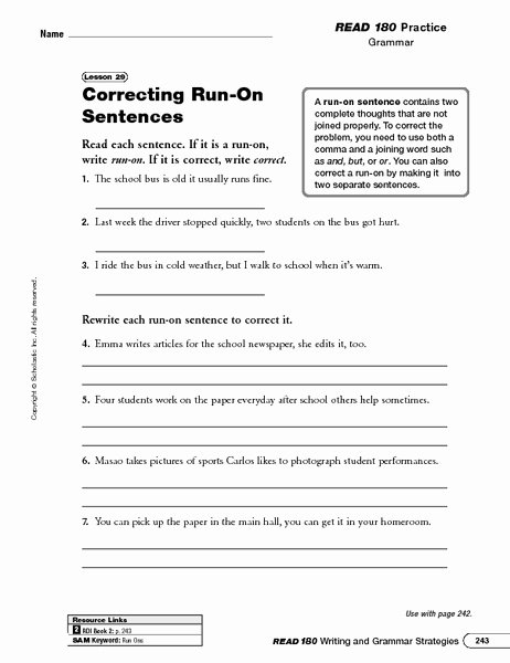 Run On Sentence Worksheet Lovely Correcting Run Sentences Worksheet for 5th 8th Grade