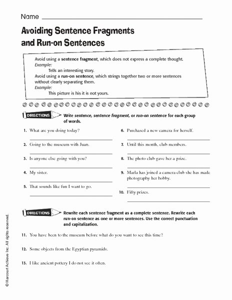 Run On Sentence Worksheet New Avoiding Sentence Fragments and Run On Sentences Worksheet