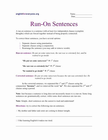 Run On Sentence Worksheet New Run Sentence and Fragments