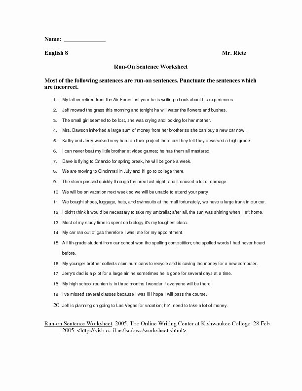 Run On Sentence Worksheet Unique Run Sentence Worksheet Worksheet for 8th Grade