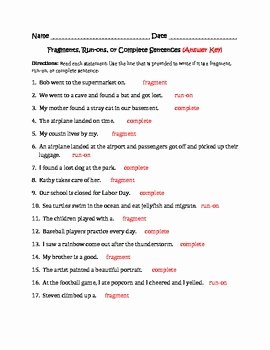 Run On Sentences Worksheet Unique Fragments Run S and Plete Sentences Worksheet