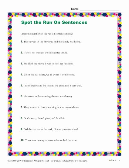 50 Run On Sentences Worksheet