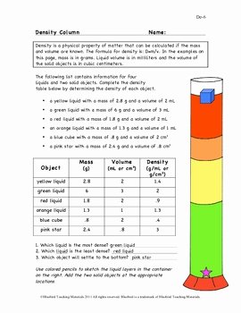 Science 8 Density Calculations Worksheet Elegant Density Column Worksheet De 6 by Bluebird Teaching