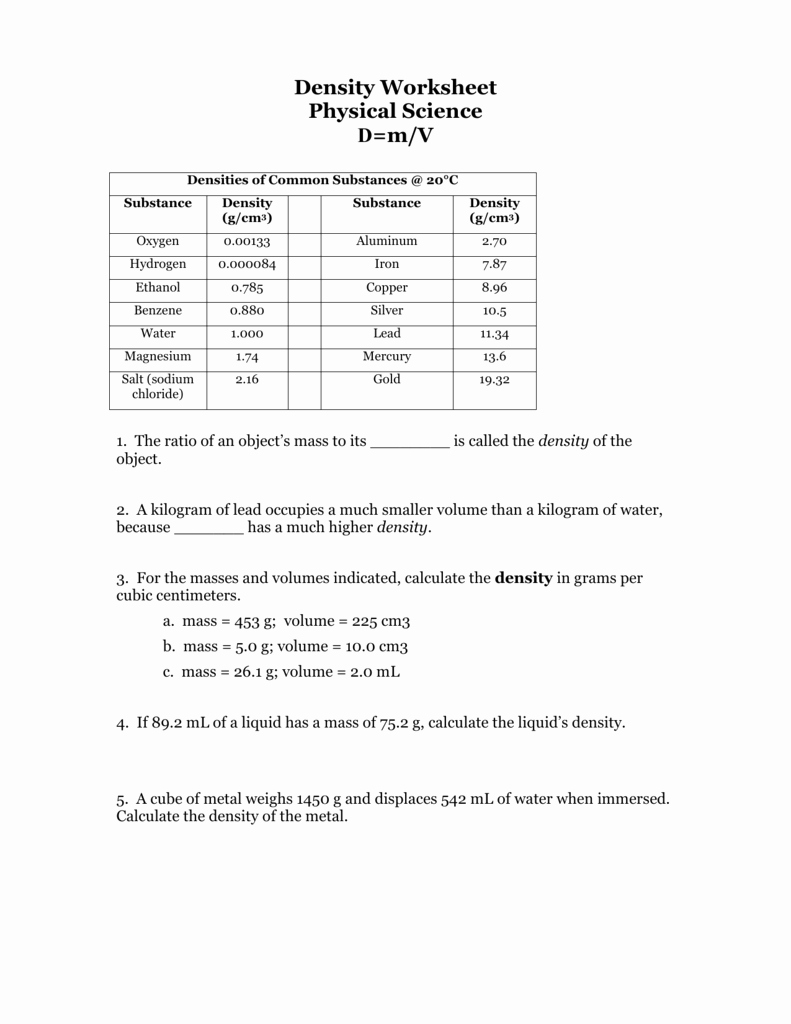 Science 8 Density Calculations Worksheet Elegant Density Worksheet