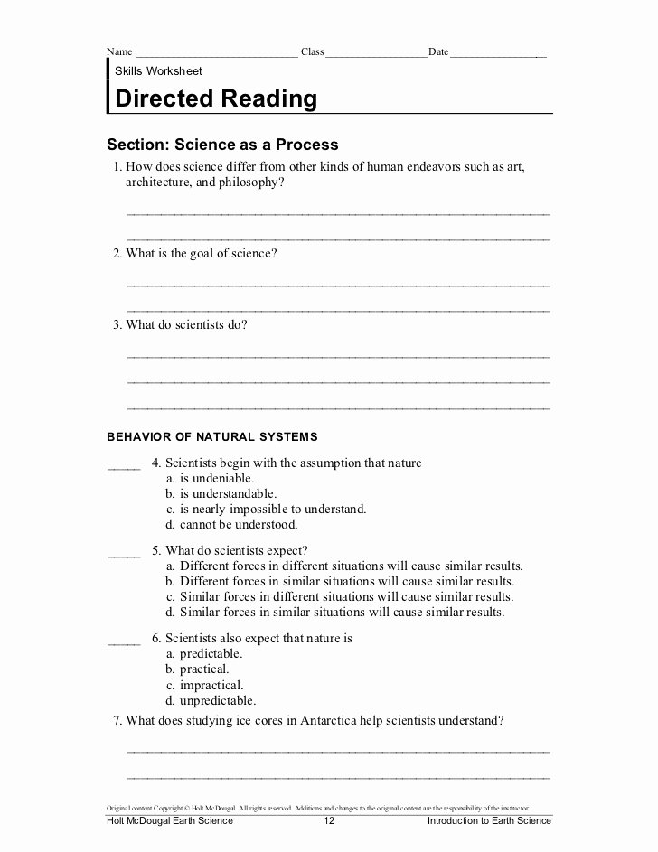 Science Skills Worksheet Answer Key Best Of Directed Reading